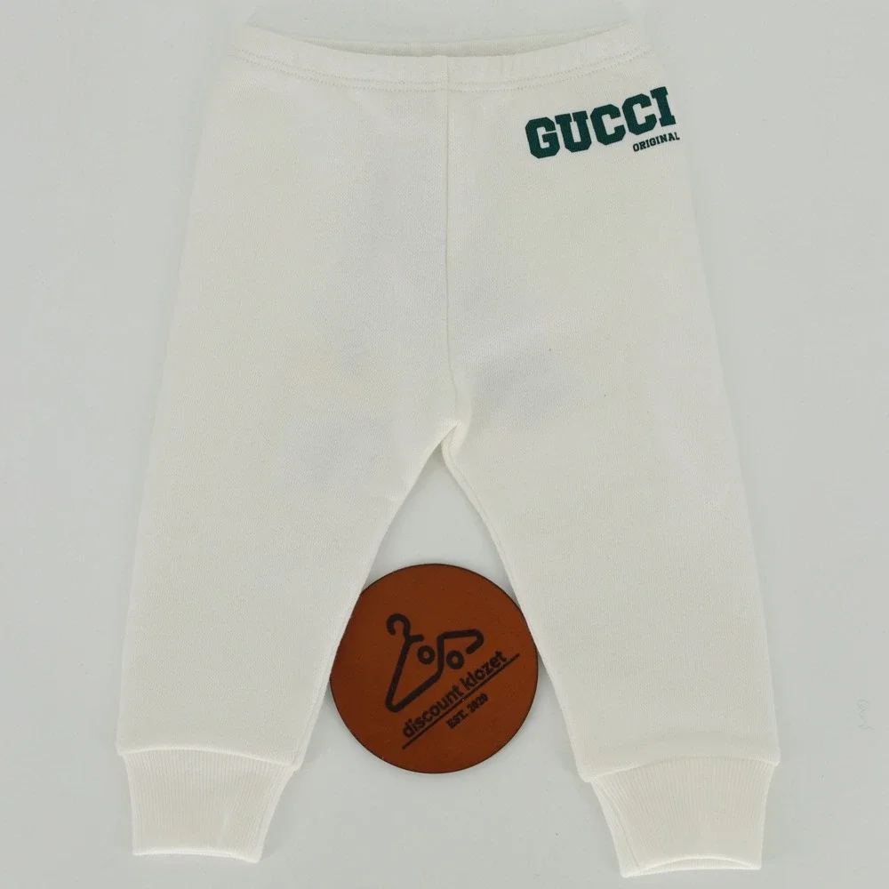 Gucci Kids Original Logo White Green Felted Cotton Jersey Jogger‎ Pants 6-9M